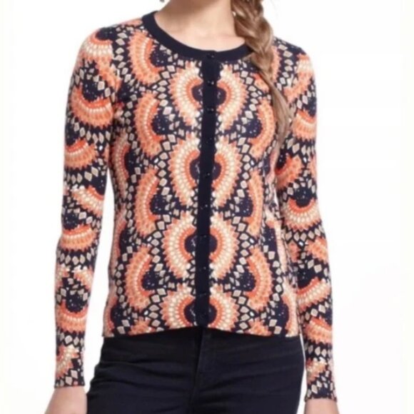 Anthropologie Tabitha Starburst Light Knit Cardigan in Navy/Orange Like-New - M - Picture 2 of 9